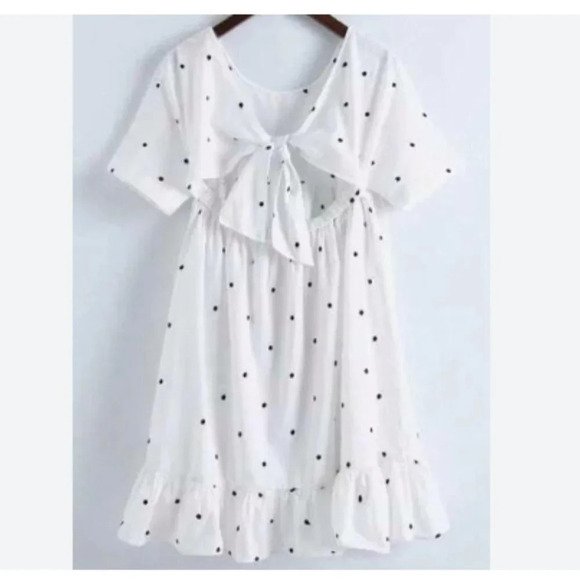 Zara Polka Dot Poplin Embroidered Tie Back  Babydoll Dress White Black Sz Small - Picture 2 of 10